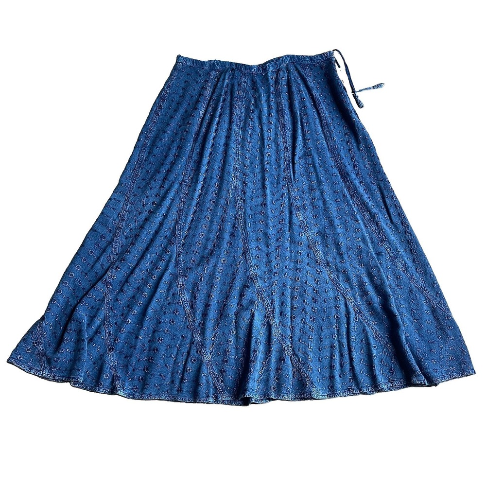 Sacred Threads 1X Blue Embroidered Boho A-Line Maxi Skirt Side Zip